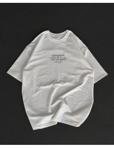 kadın  Bisiklet Yaka Baskılı Oversize T-Shirt - Beyaz