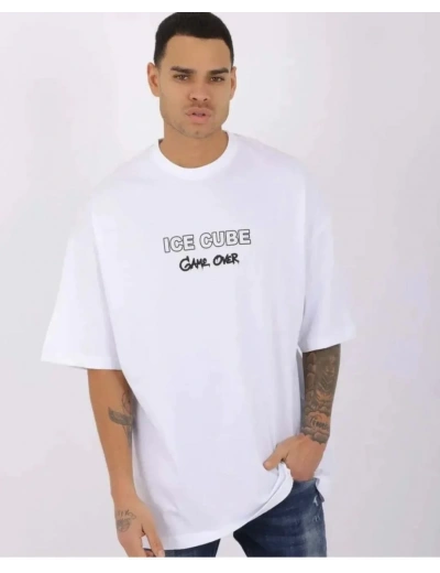 Erkek  Bisiklet Yaka Baskılı Oversize T-Shirt - Beyaz
