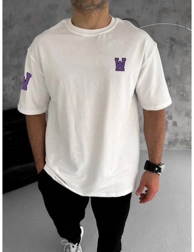 Erkek  Bisiklet Yaka Baskılı Oversize T-Shirt - Beyaz