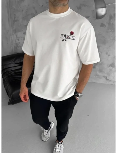 Unisex Bisiklet Yaka Baskılı Oversize T-Shirt - Beyaz