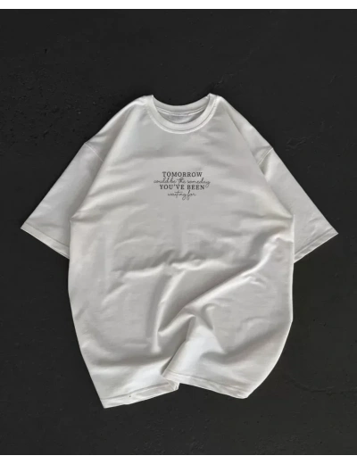Unisex Bisiklet Yaka Baskılı Oversize T-Shirt - Beyaz