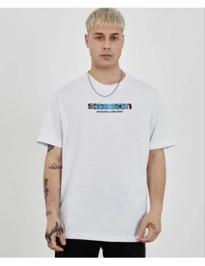Unisex Bisiklet Yaka Baskılı Oversize T-Shirt - Beyaz
