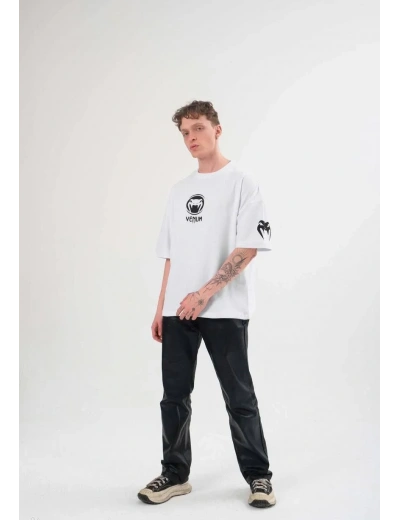 Erkek Bisiklet Yaka Baskılı Oversize T-Shirt - Beyaz