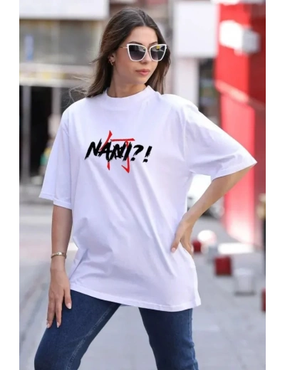 kadın Bisiklet Yaka Baskılı Oversize T-Shirt - Beyaz