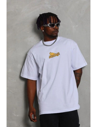 Erkek Bisiklet Yaka Baskılı Oversize T-Shirt - Beyaz