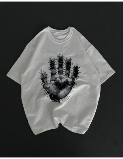kadın Bisiklet Yaka Baskılı Oversize T-Shirt - Beyaz