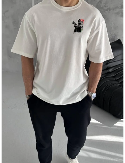Erkek  Bisiklet Yaka Baskılı Oversize T-Shirt - Beyaz