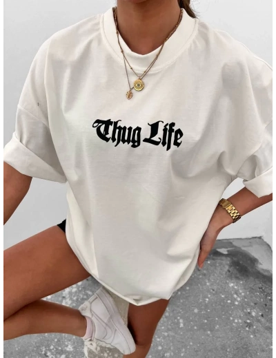 kadın  Bisiklet Yaka Baskılı Oversize T-Shirt - Beyaz