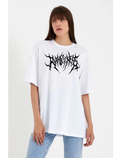 kadın Bisiklet Yaka Baskılı Oversize T-Shirt - Beyaz