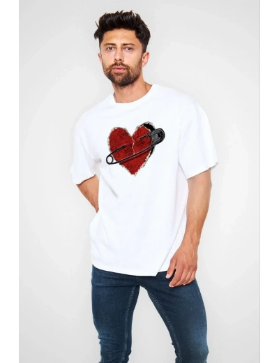 Erkek Bisiklet Yaka Baskılı Oversize T-Shirt - Beyaz