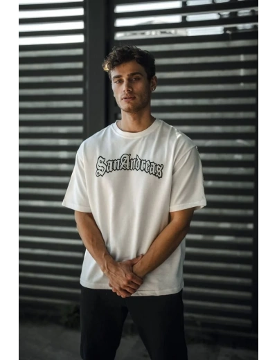 ERKEK Bisiklet Yaka Baskılı Oversize T-Shirt - Beyaz