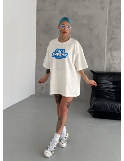 kadın Bisiklet Yaka Baskılı Oversize T-Shirt - Beyaz