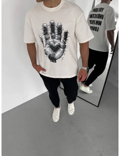 Erkek Bisiklet Yaka Baskılı Oversize T-Shirt - Beyaz