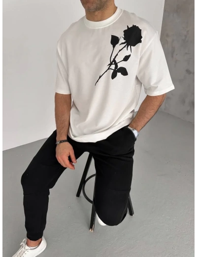erkek Bisiklet Yaka Baskılı T-Shirt - Beyaz