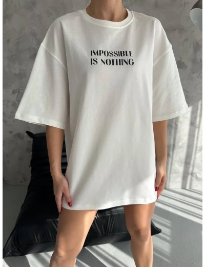 kadın  Bisiklet Yaka Baskılı Oversize T-Shirt - Beyaz