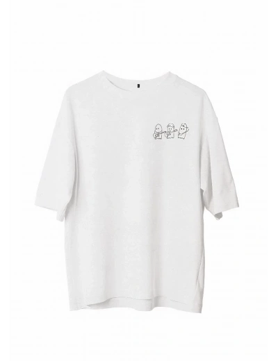 Erkek Bisiklet Yaka Baskılı Oversize T-Shirt - Beyaz