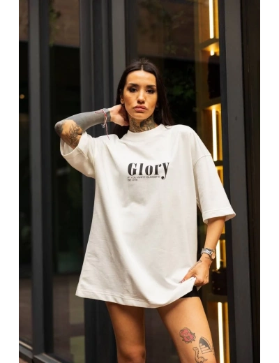 kadın  Bisiklet Yaka Baskılı Oversize T-Shirt - Beyaz