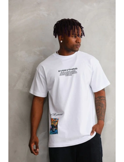 Erkek Bisiklet Yaka Baskılı Oversize T-Shirt - Beyaz