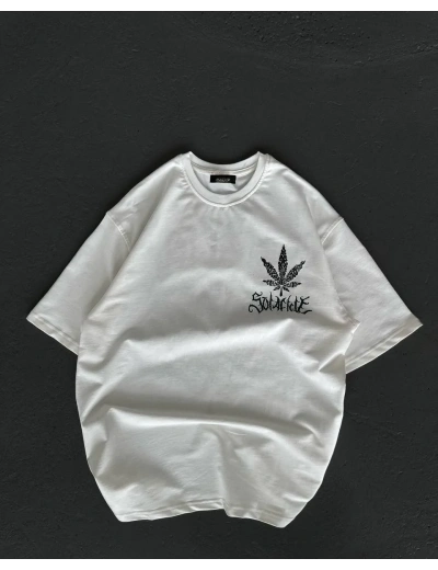 kadın Bisiklet Yaka Baskılı Oversize T-Shirt - Beyaz