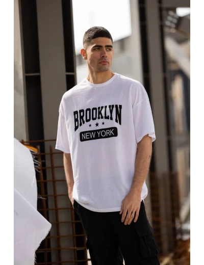 ERKEK Bisiklet Yaka Baskılı Oversize T-Shirt - Beyaz