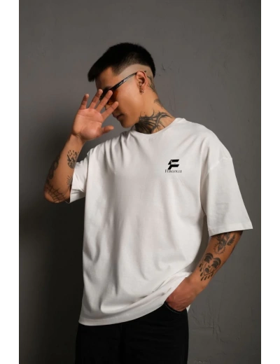Erkek Bisiklet Yaka Baskılı Oversize T-Shirt - Beyaz