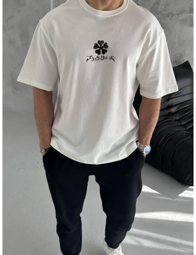 ERKEK Bisiklet Yaka Baskılı Oversize T-Shirt - Beyaz
