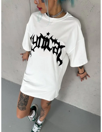 kadın Bisiklet Yaka Baskılı Oversize T-Shirt - Beyaz