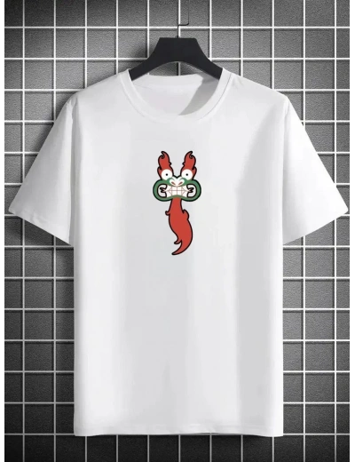 Unisex Bisiklet Yaka Baskılı Oversize T-Shirt - Beyaz