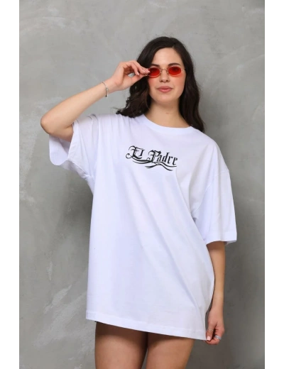 kadın Bisiklet Yaka Baskılı Oversize T-Shirt - Beyaz