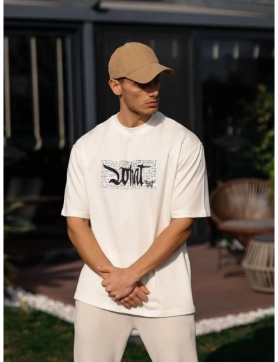 ERKEK Bisiklet Yaka Baskılı Oversize T-Shirt - Beyaz