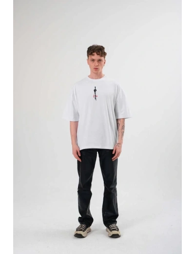 ERKEK Bisiklet Yaka ön ve sırt Baskılı Oversize T-Shirt - Beyaz