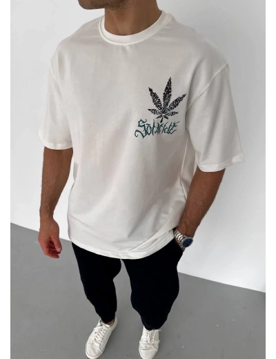 Erkek  Bisiklet Yaka Baskılı Oversize T-Shirt - Beyaz