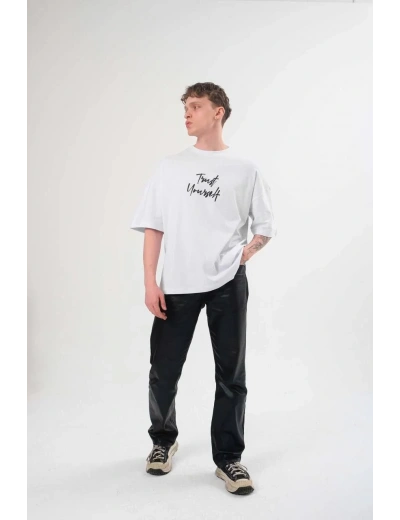 Erkek Bisiklet Yaka Baskılı Oversize T-Shirt - Beyaz