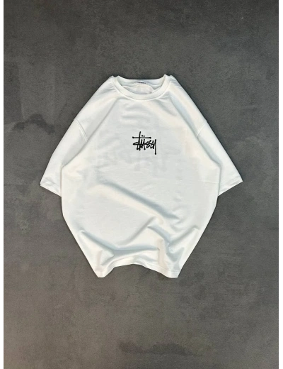 kadın  Bisiklet Yaka Baskılı Oversize T-Shirt - Beyaz