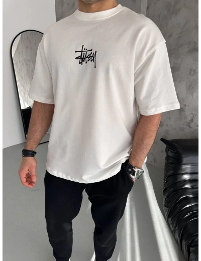 Bisiklet Yaka Baskılı Oversize T-Shirt - Beyaz