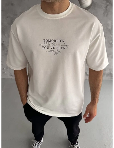 ERKEK Bisiklet Yaka Baskılı Oversize T-Shirt - Beyaz