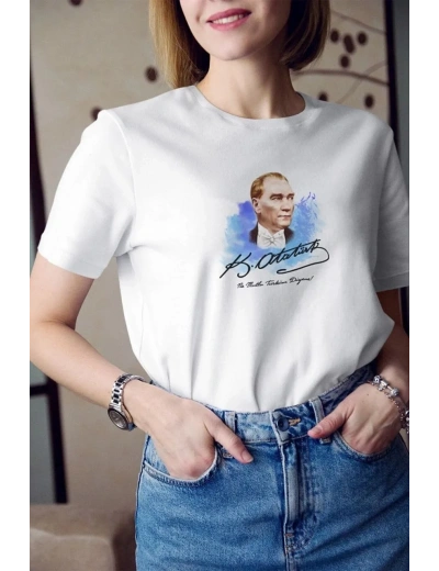 kadın  Bisiklet Yaka Baskılı Oversize T-Shirt - Beyaz