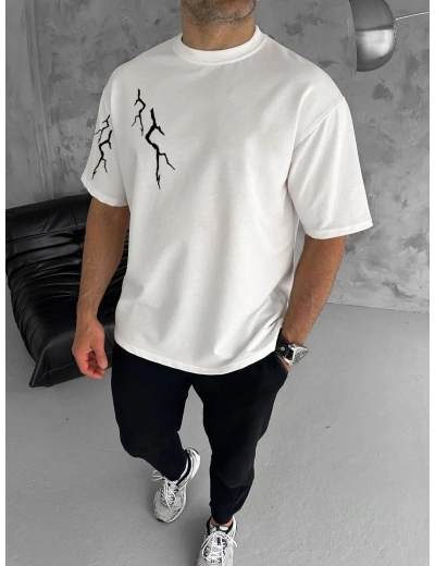 ERKEK Bisiklet Yaka kol ve arka Baskılı Oversize T-Shirt - Beyaz