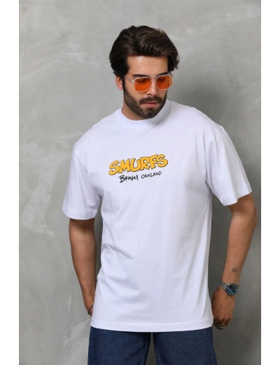 Erkek  Bisiklet Yaka Baskılı Oversize T-Shirt - Beyaz