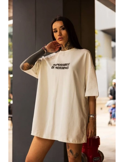 kadın Bisiklet Yaka Baskılı Oversize T-Shirt - Beyaz