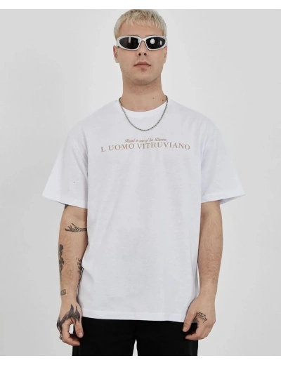 Erkek  Bisiklet Yaka Baskılı Oversize T-Shirt - Beyaz