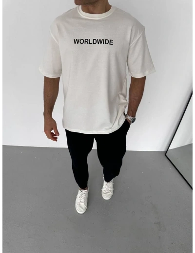 Erkek Bisiklet Yaka Baskılı Oversize T-Shirt - Beyaz