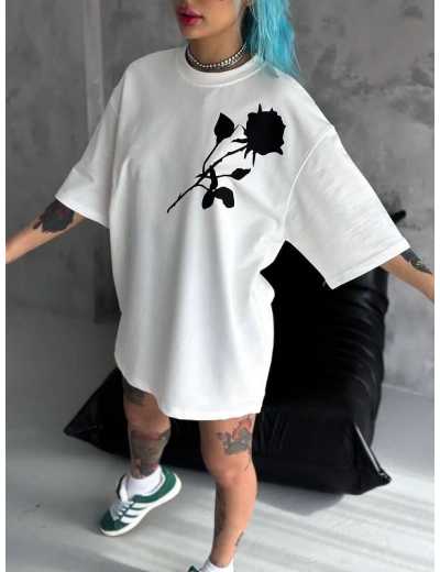 kadın  Bisiklet Yaka Baskılı Oversize T-Shirt - Beyaz