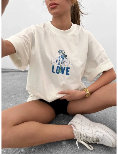 kadın Bisiklet Yaka Baskılı oversize T-Shirt - Beyaz