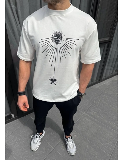 ERKEK  Bisiklet Yaka Baskılı Oversize T-Shirt - Beyaz