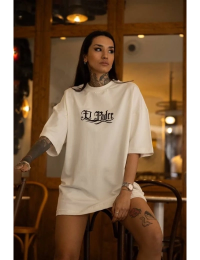 kadın  Bisiklet Yaka Baskılı Oversize T-Shirt - Beyaz