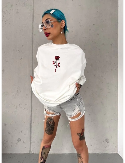 kadın Bisiklet Yaka Baskılı Oversize T-Shirt - Beyaz