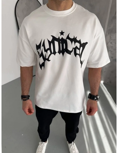 ERKEK Bisiklet Yaka Baskılı Oversize T-Shirt - Beyaz
