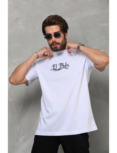 Erkek Bisiklet Yaka Baskılı Oversize T-Shirt - Beyaz
