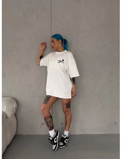 kadın Bisiklet Yaka Baskılı Oversize T-Shirt - Beyaz